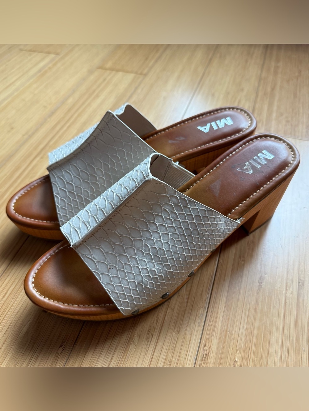 MIA White Snakeskin-Textured Slide Mules